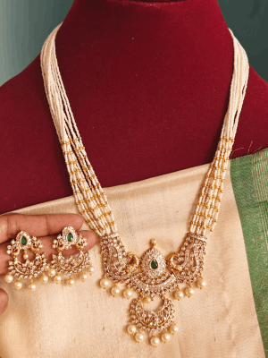 Double peacock chandbali 12 layer pearl chain set