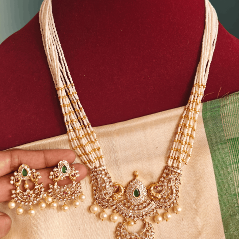 Double peacock chandbali 12 layer pearl chain set