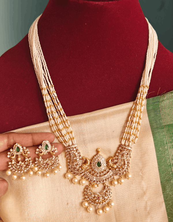 Double peacock chandbali 12 layer pearl chain set