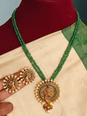Peacock pearl chandra double line emerald mala