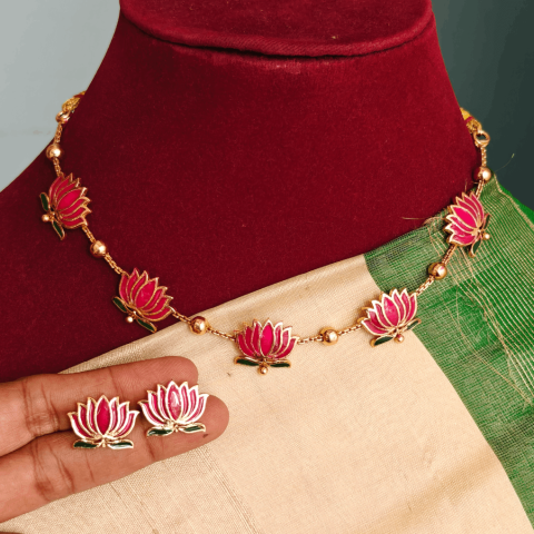 Manju warrier lotus necklace (ruby enamel)