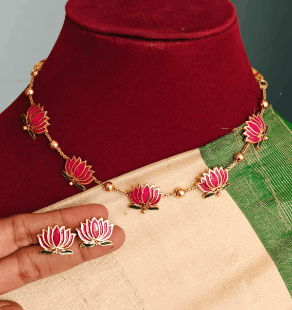 Manju warrier lotus necklace (ruby enamel)