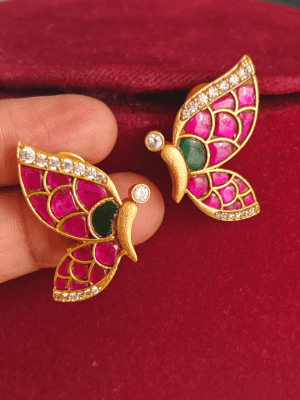 Butterfly jadau stud with back support (Ruby green white)