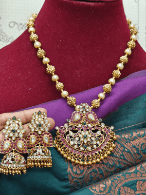 Mango kundan pendant mala with jumkha