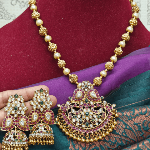 Mango kundan pendant mala with jumkha
