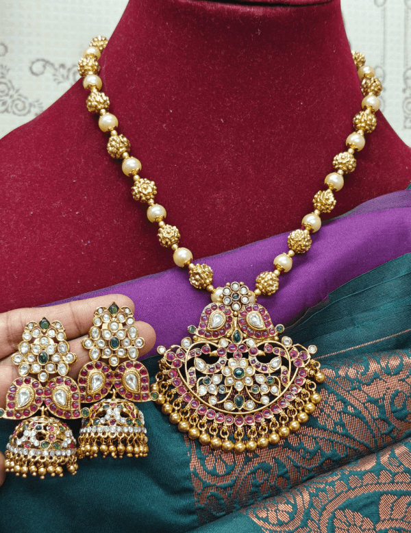 Mango kundan pendant mala with jumkha