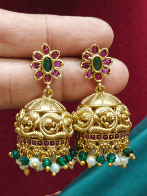 Antique jhumkha with cluster green pearl beads