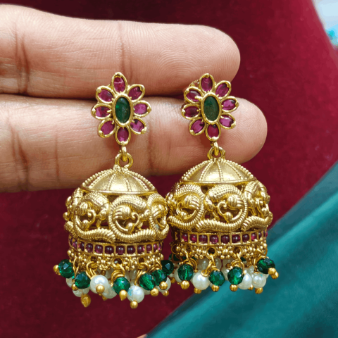 Antique jhumkha with cluster green pearl beads
