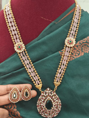 Ruby green stone american diamond with stone finishing pink beads