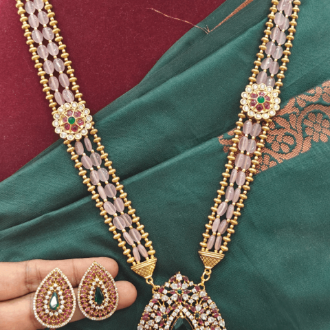 Ruby green stone american diamond with stone finishing pink beads