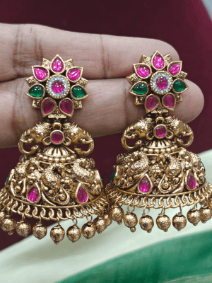 Flower peacock antique jhumkha (Golden beads)