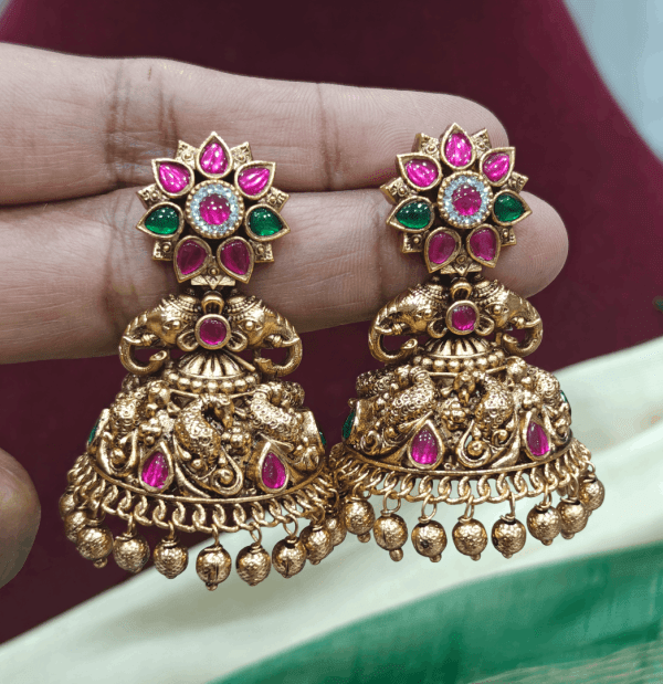 Flower peacock antique jhumkha (Golden beads)