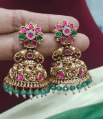 Flower peacock antique jhumkha (Green beads)