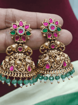 Flower peacock antique jhumkha (Green beads)