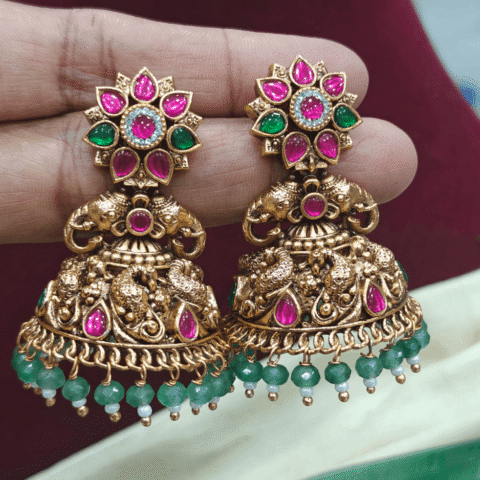 Flower peacock antique jhumkha (Green beads)
