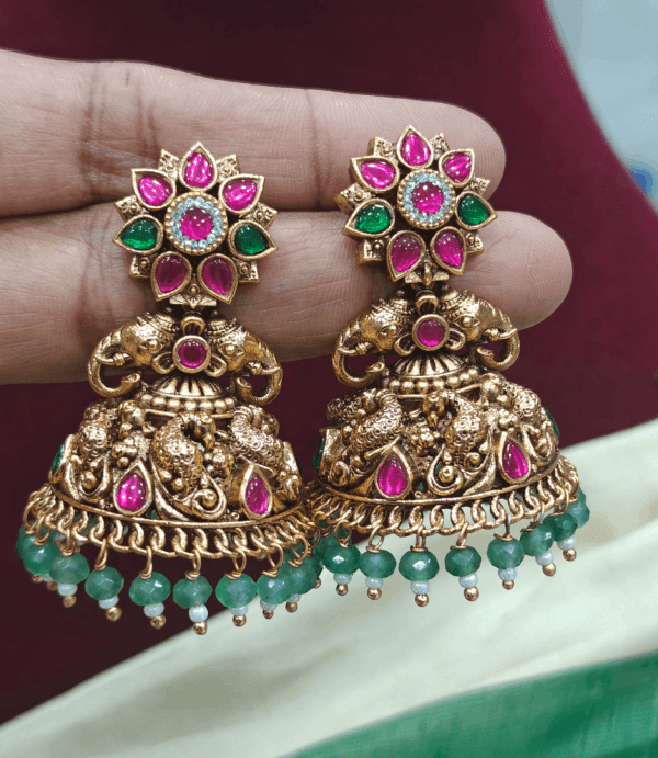 Flower peacock antique jhumkha (Green beads)