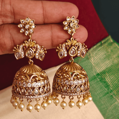 Double peacock flower jhumkha (White)