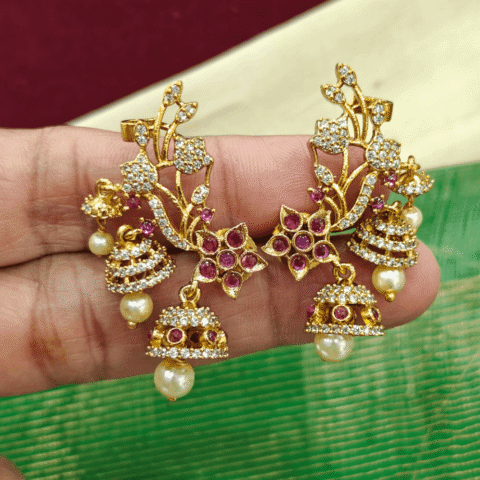 Flower leaf cuff jhumkha (Ruby)
