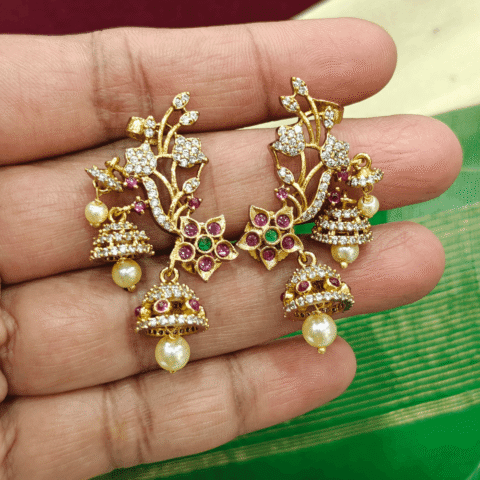 Flower leaf cuff jhumkha (Ruby green)