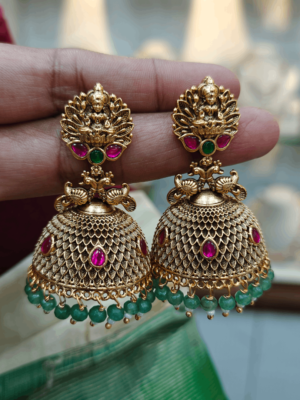 Lakshmi jadau jhumkha (Green beads)