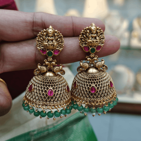 Lakshmi jadau jhumkha (Green beads)