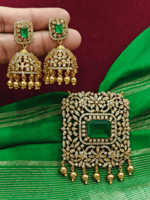 Emerald AD stone pendant set with jhumkha