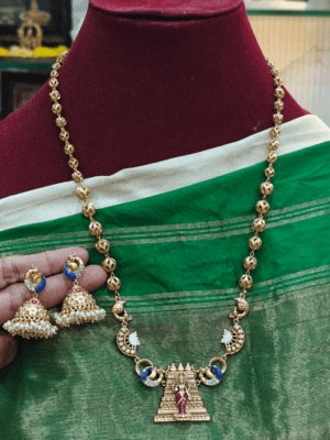 Lakshmi gopuram pendant with lotus ball chain