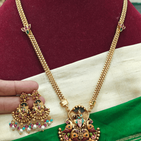 Golden cow krishna lotus pendant chain set