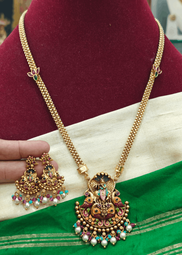 Golden cow krishna lotus pendant chain set