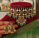 Royal kundan green beads choker set