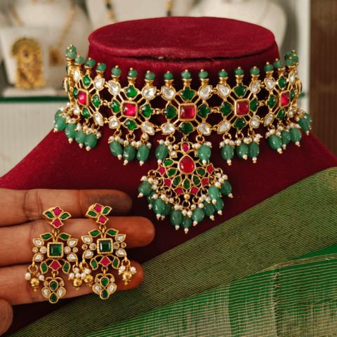 Royal kundan green beads choker set