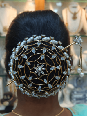 Premium hair bun cage silver mehendi – Design 2