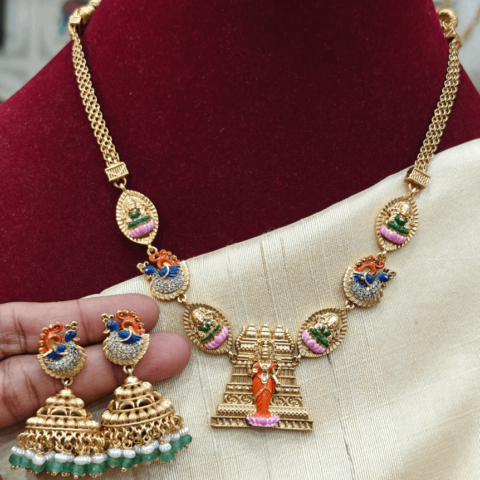 Gopuram lotus lakshmi enamel necklace set