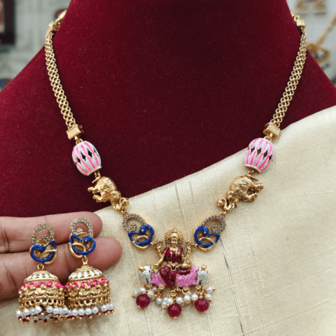 Gajalakshmi peacock enamel necklace set