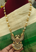 Red Gandaberunda pendant with pearl mala