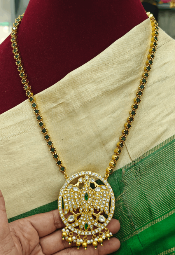 Jadau Gandaberunda pendant with green stone chain (White)