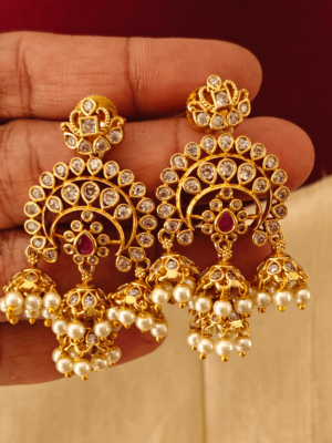 Tri flower jhumka (Ruby ,white)