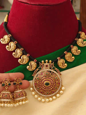 Double peacock pendant set with mango motifs black rope necklace