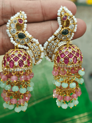 Peacock ruby beads jhumka