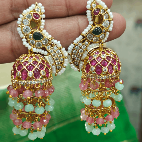 Peacock ruby beads jhumka