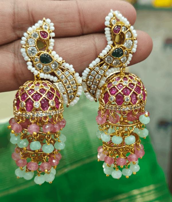 Peacock ruby beads jhumka