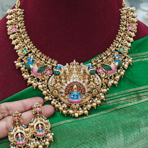 Lotus lakshmi enamel bridal necklace