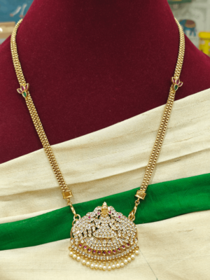 Impon gajalakshmi pendant (white,ruby) double line lotus chain