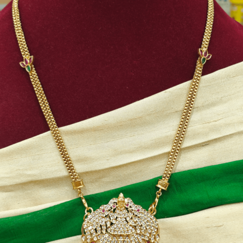 Impon gajalakshmi pendant (white,ruby) double line lotus chain