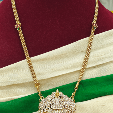 Impon gajalakshmi pendant (white) with pearl lotus chain