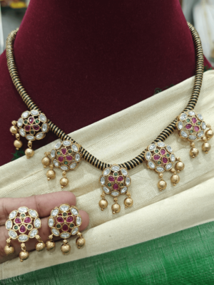 Kundan flower black rope necklace