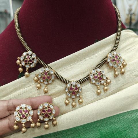 Kundan flower black rope necklace