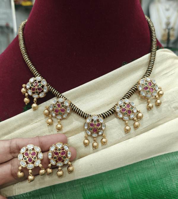 Kundan flower black rope necklace