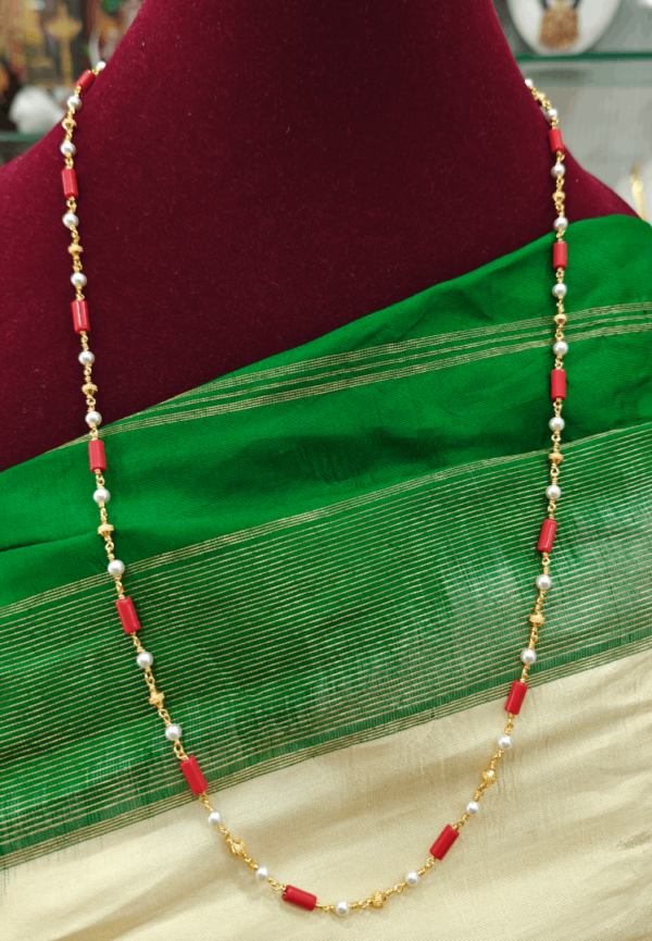 Coral mala with gold and pearl beads