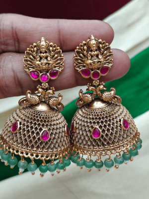 Ruby Lakshmi Jadau Jumkha (Green beads)